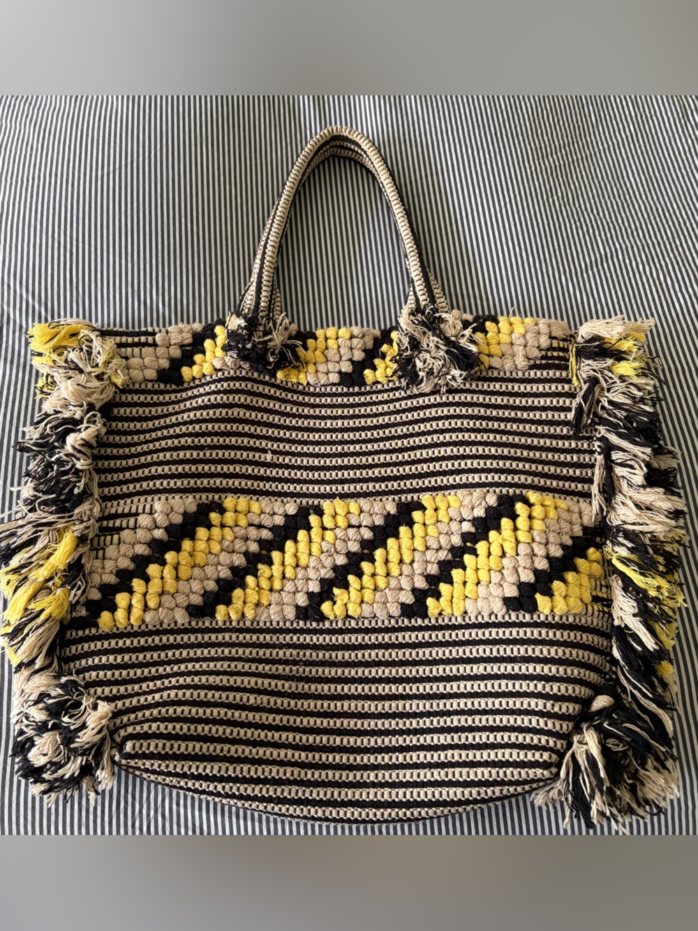Whistles Yellow, Black & Cream Woven Fringe Tote